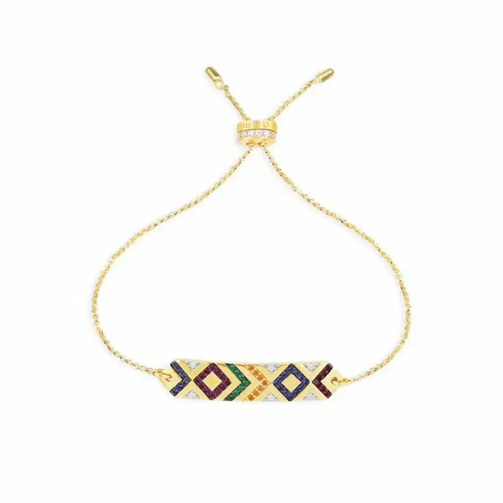 

New Arrival 925 Sterling Silver Yellow Gold Color Colorful Zirconia Stripes Tribe Bracelet Mana Jewelry accesorios mujer