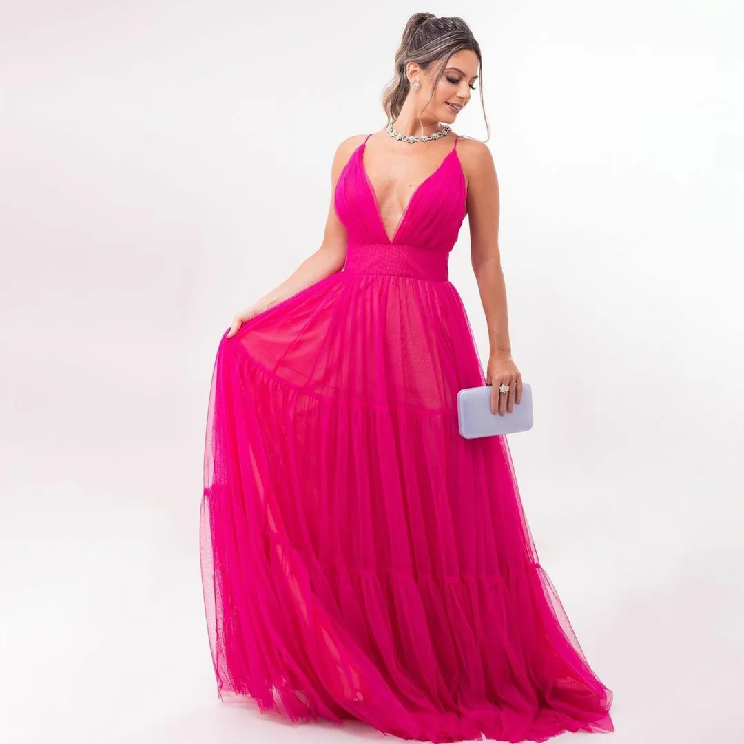 

Sexy Long Evening Dresses فساتين السهرة V-Neck A-Line Spaghetti Straps Chiffon Pleated Floor Length Prom Gown Custom