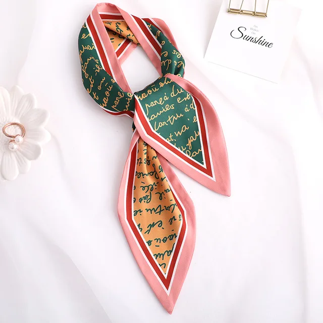 Sweet Love Print Women Small Silk Scarf Handle Bag Ribbons Female Head Scarves Sharp angle Green 90*10cm 47