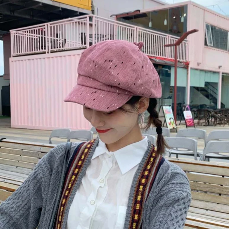 Высококачественная модная восьмиугольная шапка в стиле ретро, женские осенние повседневные береты, вязаная шапка Newsboy, женская шапка с козырьком - Цвет: leather pink