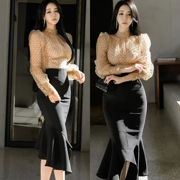 

CINESSD two piece set Dress For Women Yellow Point Stand Neck Mermaid Summer Female Midi Black bodycon Shirt Dresses