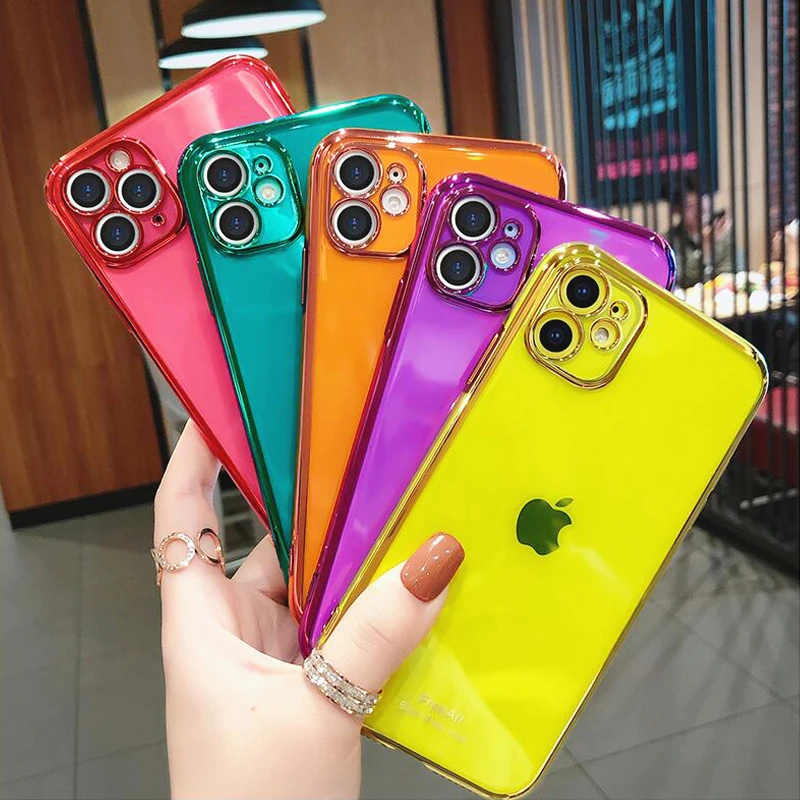 Fluorescent Color plating Transparent Phone Case For iPhone 11 Pro Max X XS XR 7 8 Plus SE Soft TPU Camera Protection Back Cover Fluorescent Color plating Transparent Phone Case For iPhone 11 Pro Max X XS XR 7 8 Plus SE Soft TPU Camera Protection Back Cover