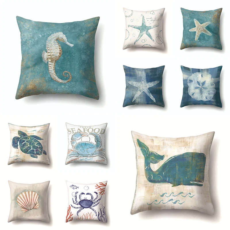 

Sea Food Polyester Animals Throw Pillow Cushion Cover 45*45 Home Decoration Sofa Decorative Sea Turtle Pillowcase Crab Pillows