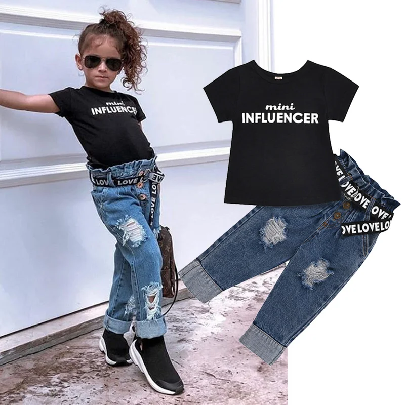 

Girls Clothing Sets Summer cotton printed letter T-shirt+button hole denim trousers+belt 3pcs kids Children Girls Clothes Suit
