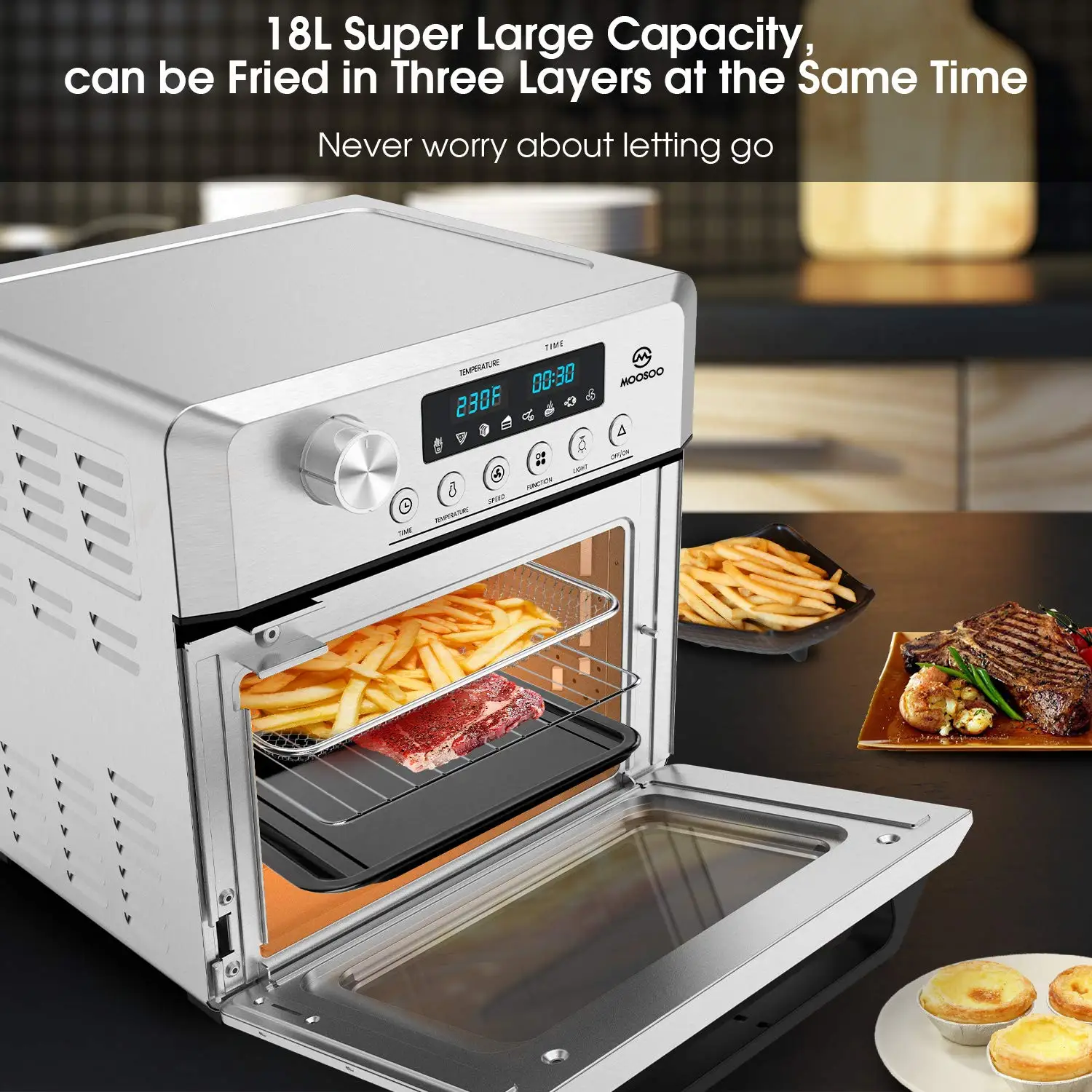 MOOSOO 19 Quart Air Fryer Oven for Large Family, 8-in-1 Combo Convection Roaster with LED Display Convection Oven / Turbo Oven - Image 3