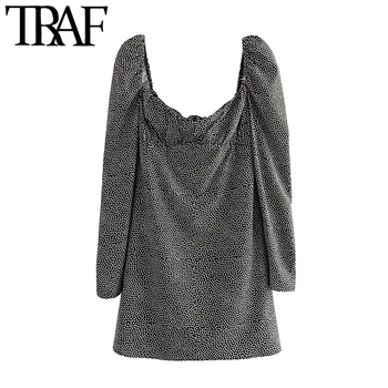 

TRAF Women Chic Fashion Draped Polka Dot Mini Dress Vintage Square Collar Puff Sleeve Female Dresses Vestidos Mujer