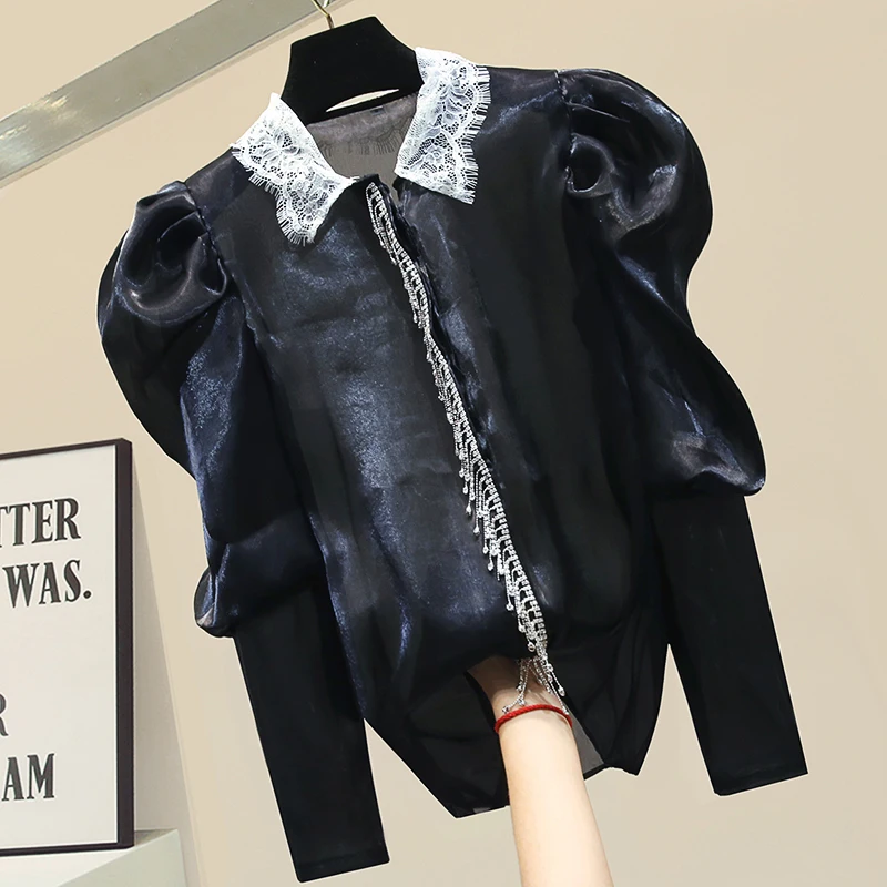 

Organza Blouse Woman 2020 Spring Long-Sleeved Loose Rhinestone Lace Collar Shirt Organza Shirts Ladies Top Bluzki Damskie