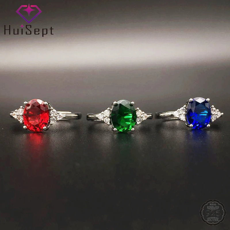 HuiSept Trendy Female Ring 925 Silver Jewelry Oval Shape Emerald Gemstone Zircon Open Ring Wedding Party Gift Ornament Resizable HuiSept Trendy Female Ring 925 Silver Jewelry Oval Shape Emerald Gemstone Zircon Open Ring Wedding Party Gift Ornament Resizable