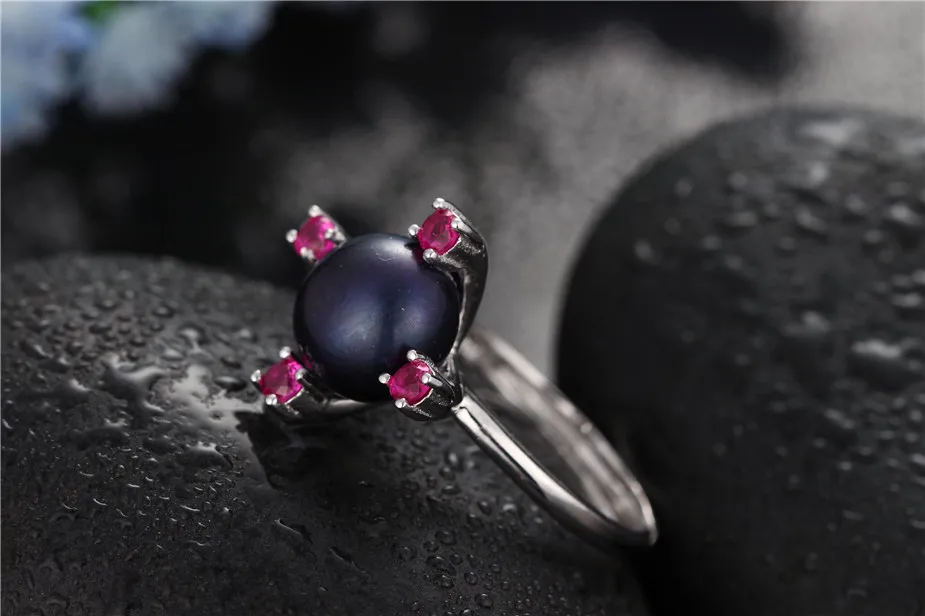 Dainashi Elegant Beautiful Design Freshwater Pearl Ring Party Gift for Women 925 Sterling Silver Red Zircon Adjustable Ring