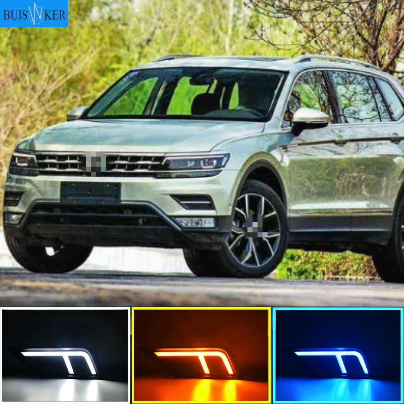 

Автомобильные светодиодные дневные ходовые светильник ни, 2 шт., для Volkswagen VW Tiguan 2017, 2018, 2019, DRL с желтыми поворотными противотуманными фарами