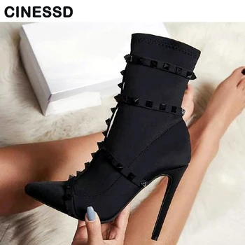 

Big size women short boots winter elastic rivets pointed toe high heels shoes woman sexy booties black red