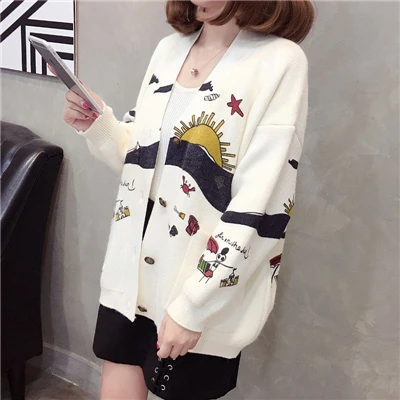 Women Print V Neck Sweater Cardigan Female Spring Winter Knitted Cardigan Coat Ladies Preppy Style Outerwear Big Pocket AA11938 - Цвет: Белый