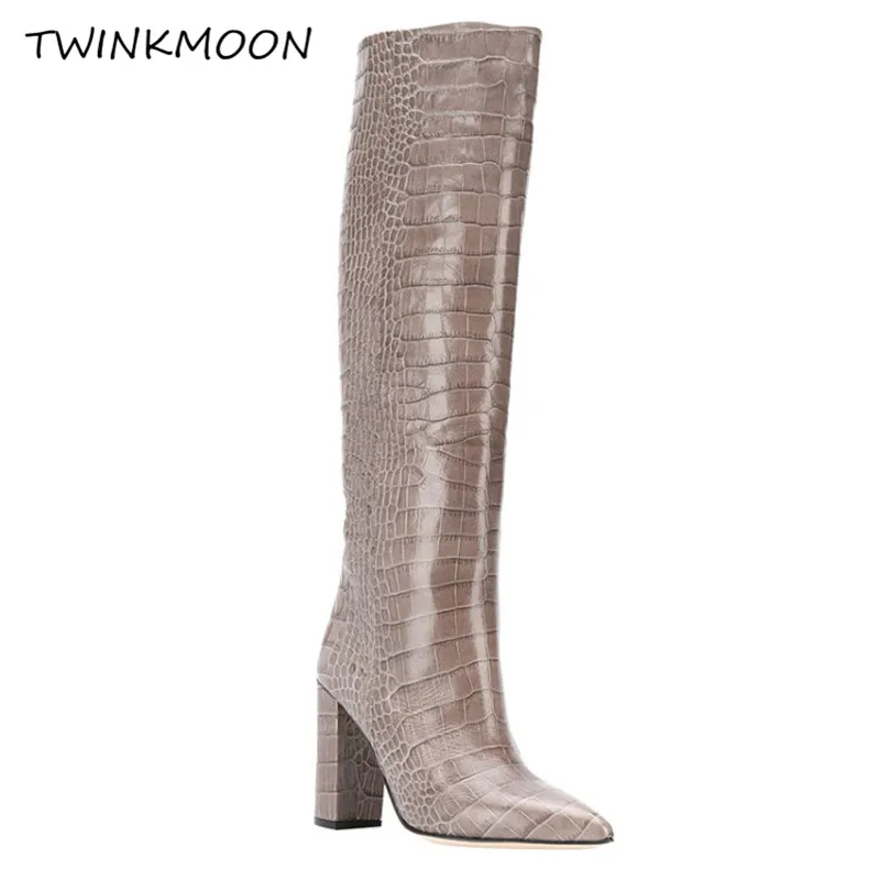 pigskin iner Laarzen dames/женские зимние сапоги из змеиной кожи; коллекция года; теплые сапоги до колена на высоком каблуке с плюшевой подкладкой - Цвет: pigskin iner