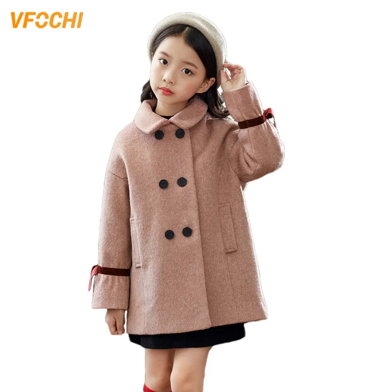 Pink VFOCHI, новое шерстяное пальто для девочек зимняя ветровка, Детское пальто однотонная теплая детская одежда шерстяная длинная куртка для маленьких девочек, верхняя одежда - Цвет: Pink