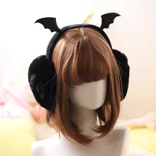 Bonito de pelúcia preto bat asa quente earmuffs gothic feminino lolita menina escura mais quente muff orelha capa linda dobra acessórios bandana