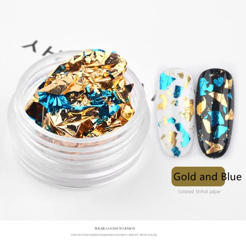 Gold and Blue 1 коробка алюминиевая фольга для ногтей двухсторонняя красочная неправильная наклейка из фольги бумага 3D блестки хлопья лазер DIY Маникюр украшения - Цвет: Gold and Blue