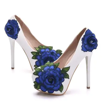 

Plus Sizes 41 blue flower Wedding Shoes For Woman High Heels Bridal Shoes Party Dress Shoes Lace Flower Pumps Bridesmaid Shoe