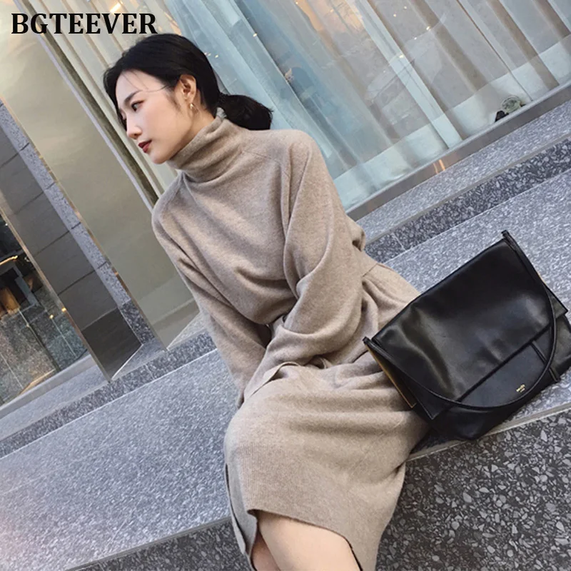 Cena Damski sweter z golfem z pełnym rękawem skrzydła damskie z dzianiny Vestidos w połowie długości luźna sukienka dzianinowa dla kobiet 2019 jesienno zimowa