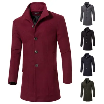 

Mens Slim Fit Wool Blends Winter Single Breasted Long Trench Coats Warm Coat