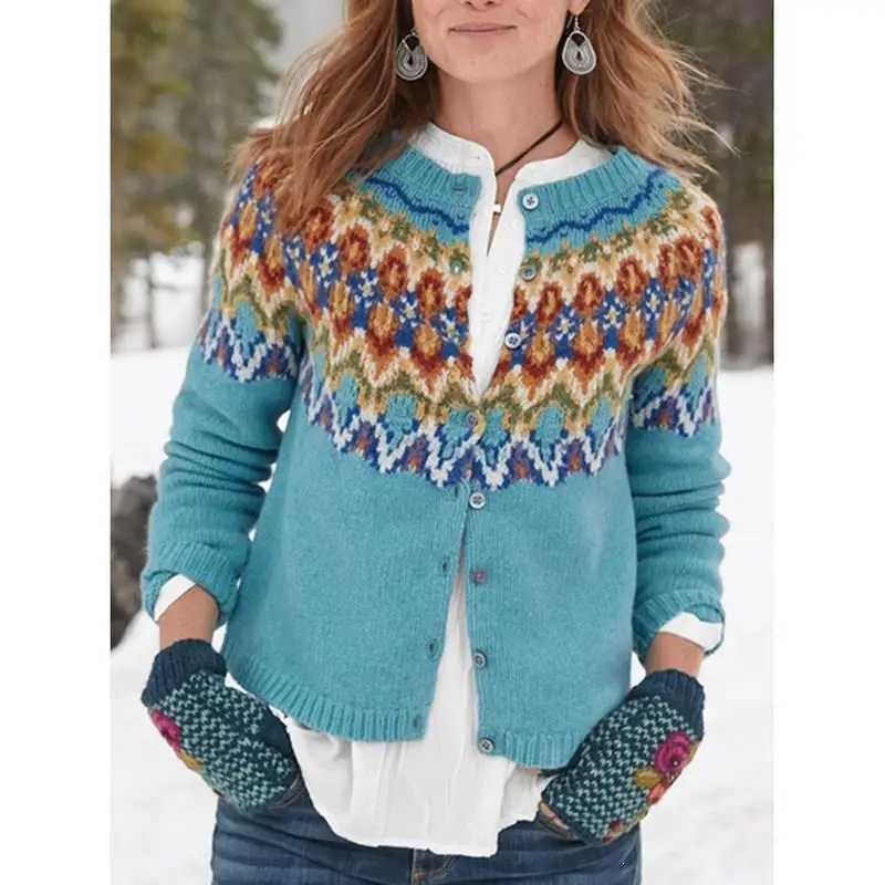 Осенне-зимние женские вязаные свитера с длинным рукавом больших размеров, Повседневные свитера на пуговицах, женские Лоскутные кардиганы с круглым вырезом