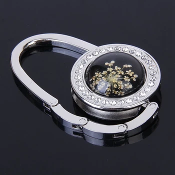 

New Pressed-Flower Pattern Round Rhinestone Handbag Folding Hanger Hook (Black)