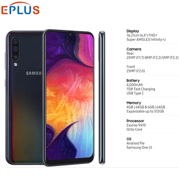 Перейти на Алиэкспресс и купить Новый оригинальный samsung Galaxy A50 6 ГБ 128 мобильный телефон A505GN-DS 6,4 дюймExynos 9610 Octa Core Android 9,0 Dual SIM мобильный телефон 4G смартфон