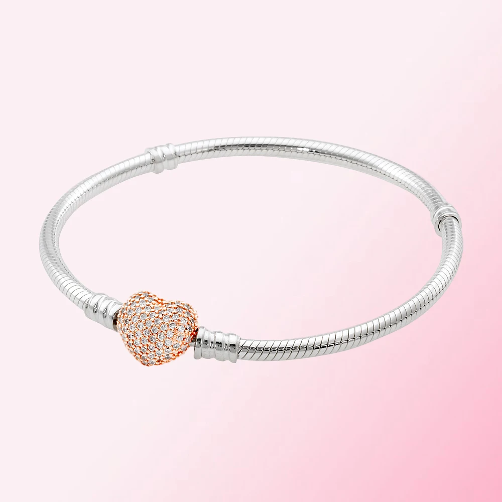 2019 100% 925 Sterling Silver Moments Pavé Heart Clasp Snake Chain Bracelet Women Charm Fashion DIY Jewelry Free Shipping | Украшения и