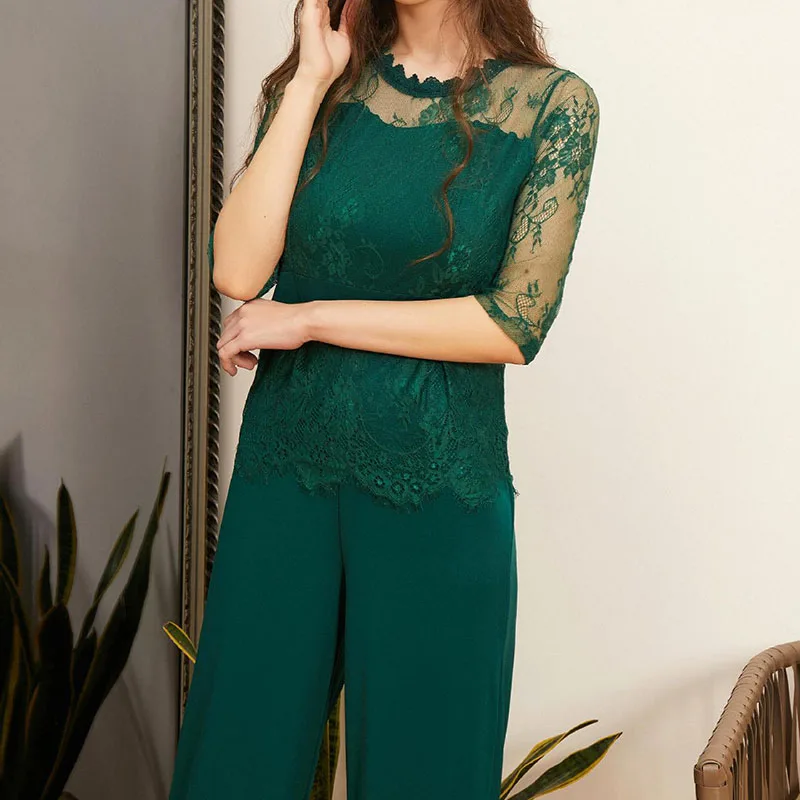 Fashion Women Jumpsuit Rompers 2019 New Solid Color Sexy Seven-point Sleeve Lace Splice Wide Leg | Женская одежда