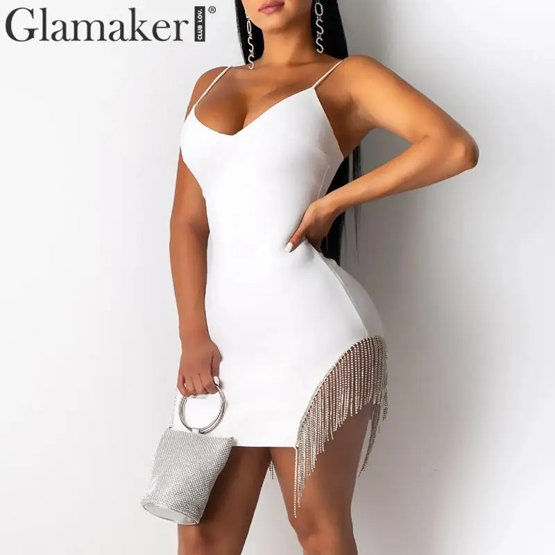 Белый Glamaker, облегающее сексуальное белое короткое платье с кисточками, Женское зимнее элегантное осеннее платье с v-образным вырезом, женские вечерние платья с бахромой для клуба, vestidos - Цвет: Белый