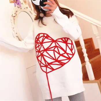 

Women Love Heart Sweaters Fashion Contrast Color White Pullovers Jumpers O Neck Casual Loose White Sweater Thick Knitwear Tops