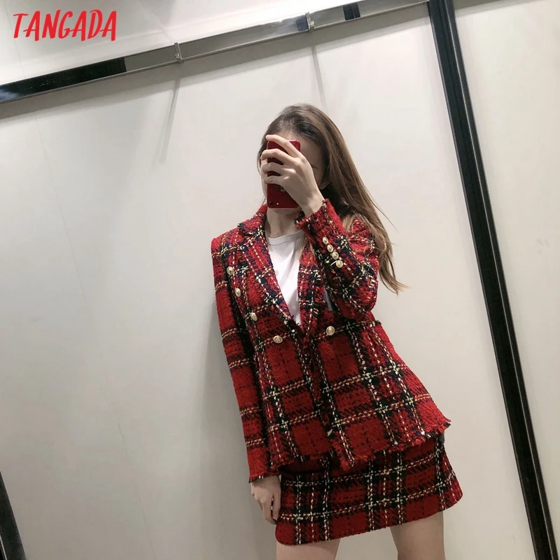 Tangada женский теплый зимний двубортный красный пиджак офисный женский винтажный клетчатый блейзер с карманами рабочая одежда топы 3H16