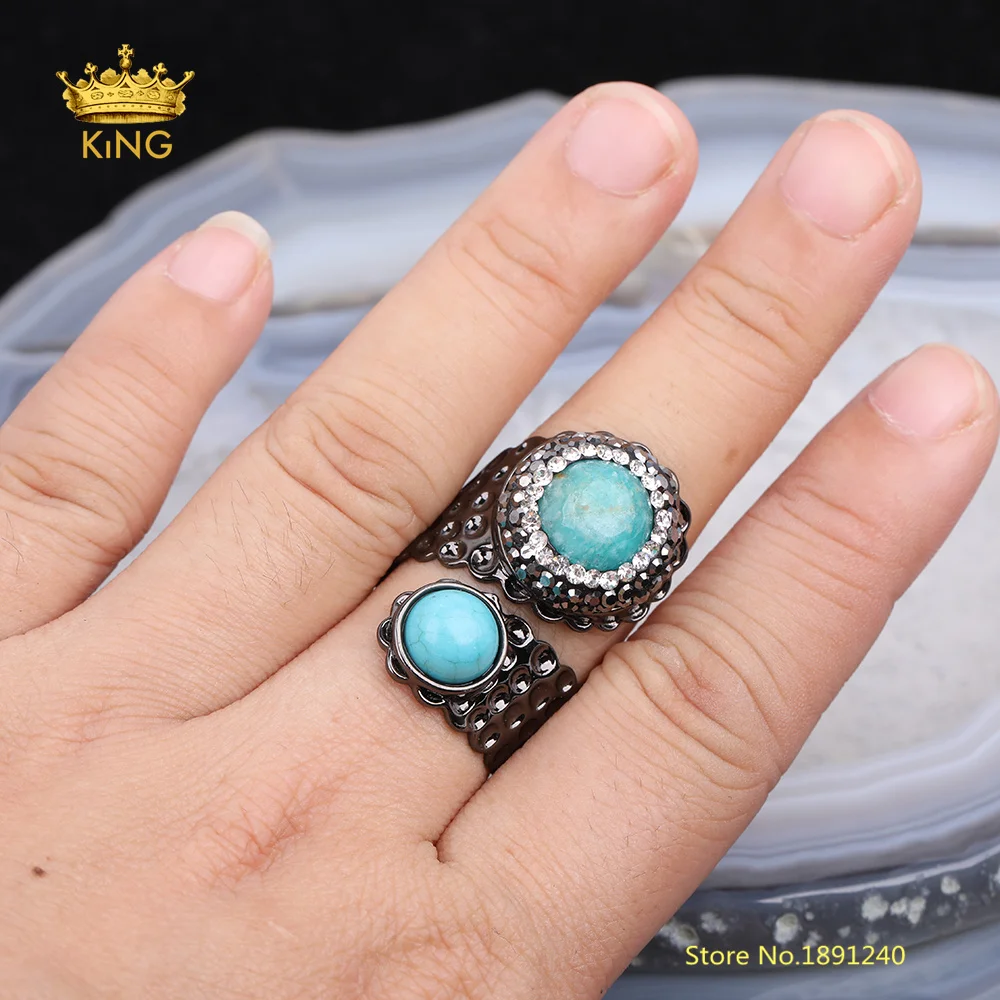 

5pcs Rosary Style Round Coin Amazonite Stones with Turquoises Beads Inlay Rhinestones Double Copper Gunmetal Rings Father Gifts