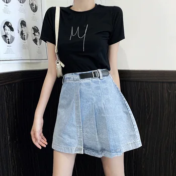 

2020 Summer Fat mm New Style Large Size Dress Pleated Skirt High-waisted Slim Fit Slimming Versatile Denim Skirt
