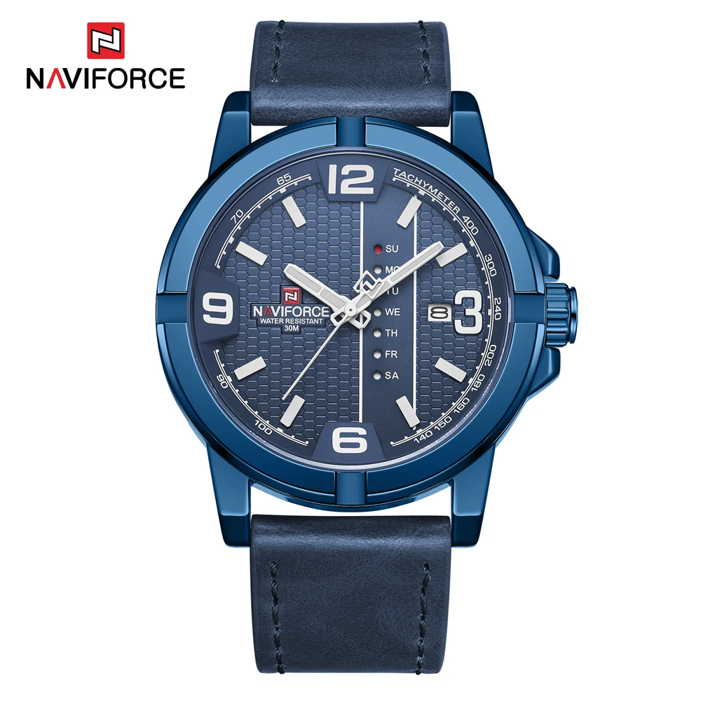 Мужские часы NAVIFORCE с кожаным ремешком, водонепроницаемые мужские часы, многофункциональные наручные часы с указанием даты и недели - Цвет: Blue