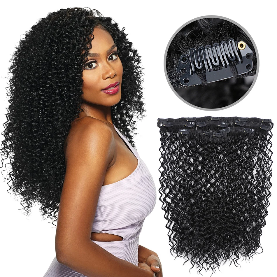 Beauty On Line Synthetic Clip in High Temperature Fiber Hair Extensions Jerry Curly 7 Pieces/Lot 22Inches Natural Black Color - Цвет: Natural Black