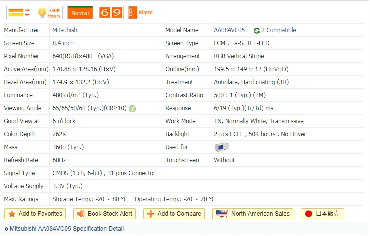 For AA084VC05  AA084VC04  AA084VC03  8.4 inch 640*480 LCD Display Screen for Industrial Equipment