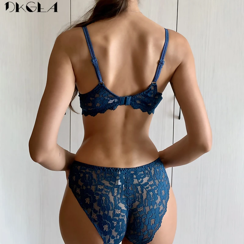 Embroidery Sexy Underwear Set Lace Blue Brassiere A B C Cup Thick Cotton  Women Push Up Bra and Panties Set Brand Lingerie Deep V