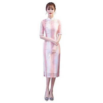 

Pink Lace Embroidery Chinese Style Handmade Button Dress Vintage Ladies Short Qipao Classic Stage Show Elegant Female Cheongsam