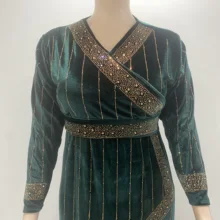 Woman Dress Velvet Warm Soft Newest Design Elegant Belt Detailed Islamic Muslim Abaya Dress Shinny Diamond Plus Size