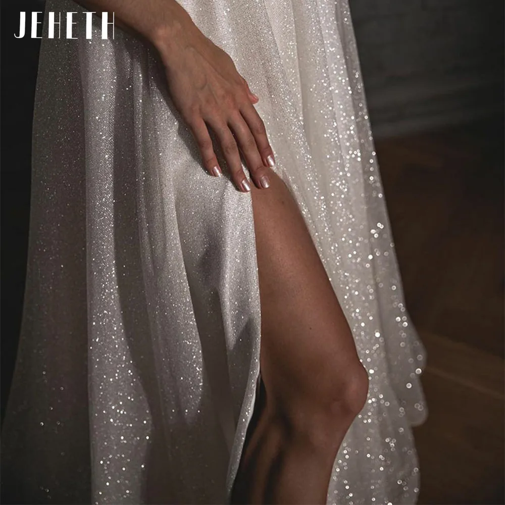 JEHETH Glitter Tulle Side Split Wedding Dresses for Women 2022 Sexy Spaghetti Straps V-Neck Boho Bride Gowns vestidos de novia sexy wedding dresses