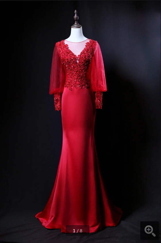 Vestido de festa красные вечерние платья русалки с кружевной аппликацией и бусинами, вечерние платья с длинным рукавом и глубоким декольте