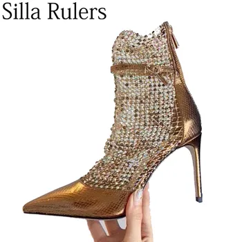 

2020 Luxurious New Gold Bling Crystal Mary Janes Woman Pointed Toe Thin High Heels Mesh Ladies Party Shoes Sexy Wedding Shoes