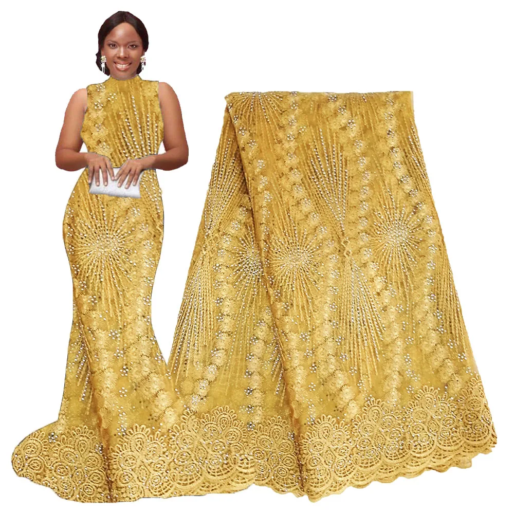 5 ярдов/партия вышивка африканская кружевная ткань высокого качества желтое золото нигерийская кружевная ткань с камнями кружевная ткань для свадьбы
