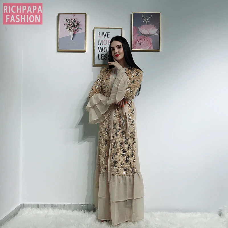 Sequin кимоно с бахромой Абая Дубай Кафтан Ислам Мусульманский хиджаб платье Абая для женщин Кафтан марокаин турецкая исламская одежда халат