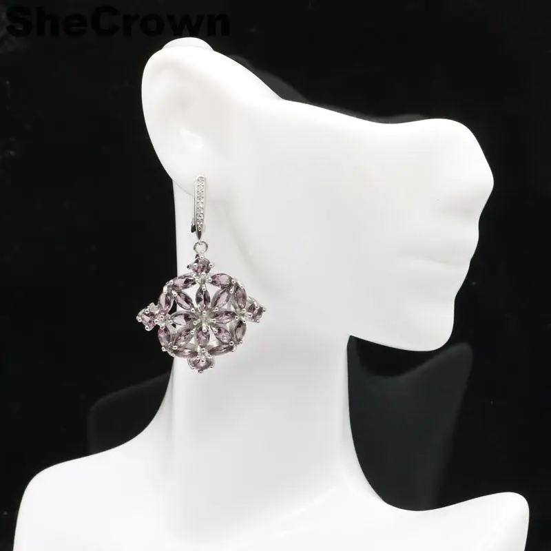 

45x30mm Stunning Created Purple Amethyst White CZ Woman's Party Silver Earrings