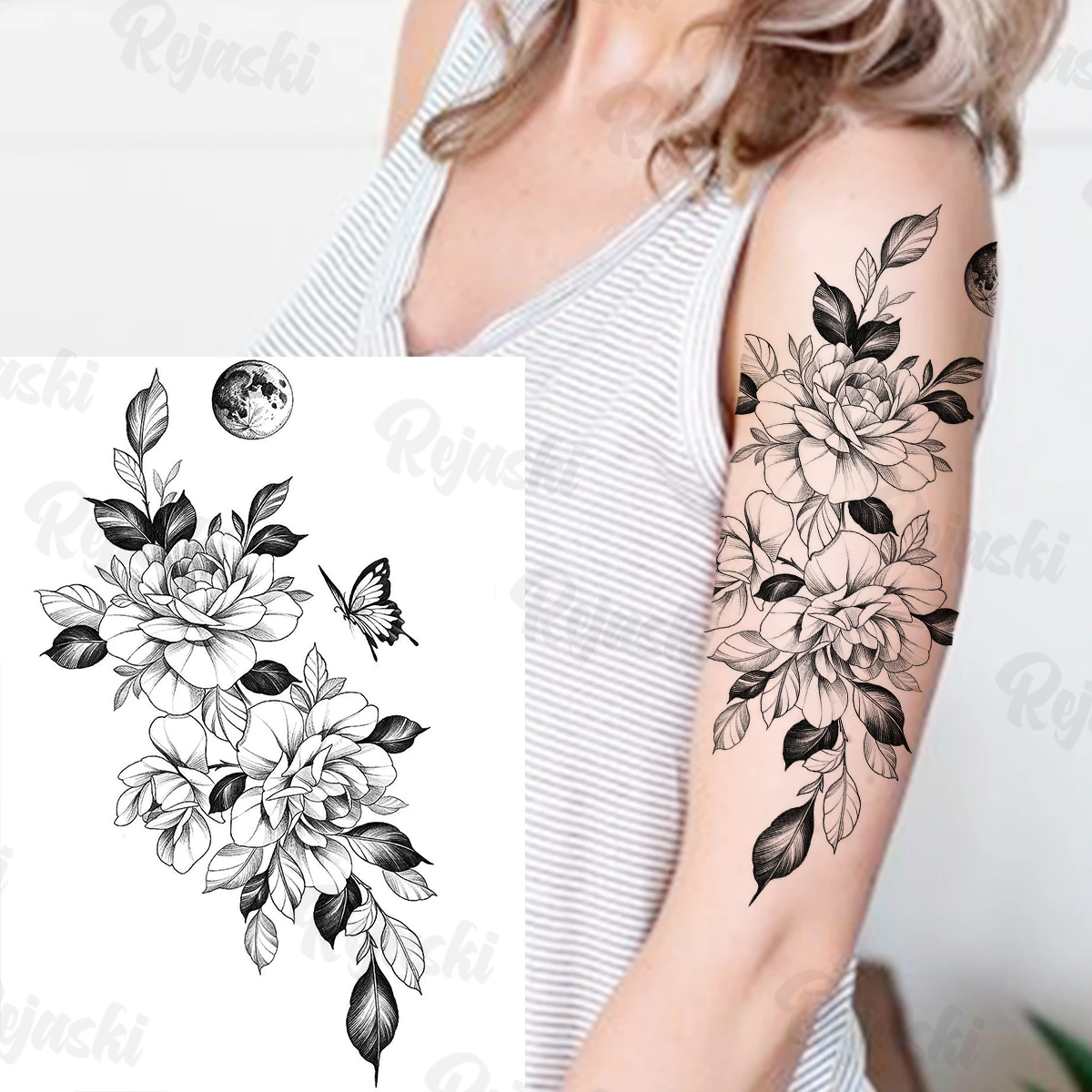 Big Rose Flower Cross Temporary Tattoos For Women Adults Realistic Henna Rose Flower Feather Fake Tattoo Sticker Arm Back Tatoos