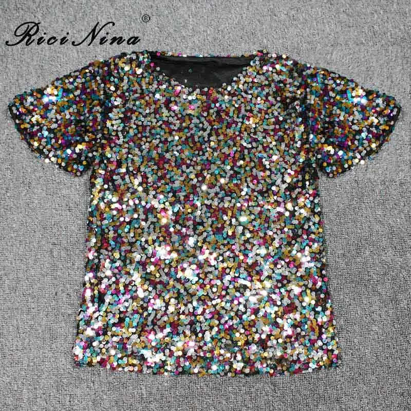 Women T Shirt 1 RICININA, женские футболки s, повседневные женские топы, короткий рукав, о-образный вырез, блестящая Рождественская футболка для женщин,, свободная футболка Femme - Цвет: Women T Shirt 1