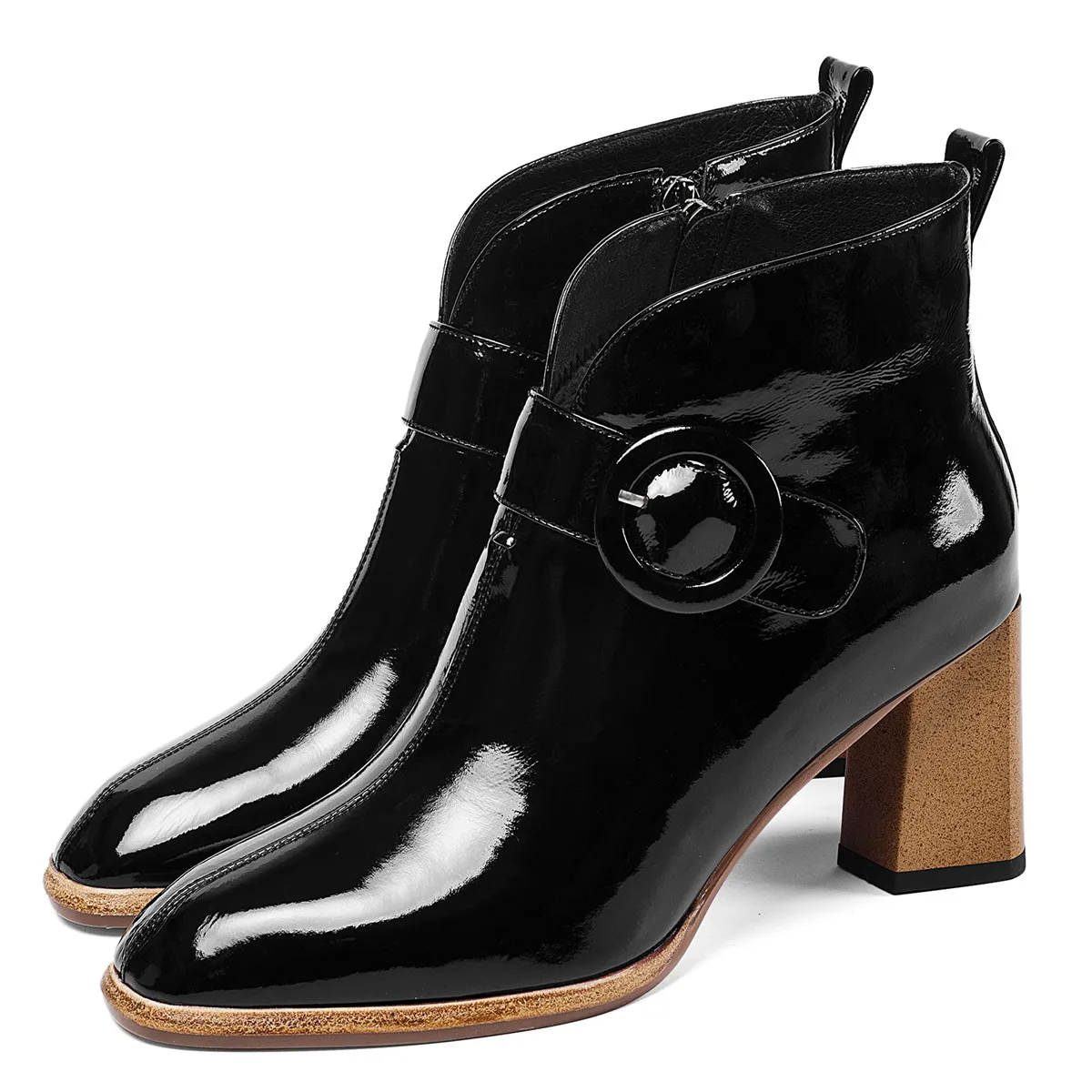 

Women's genuine leather thick high heel autumn ankle boots metal buckle elegant ladies fashion short booties sqaure toe shoes 41