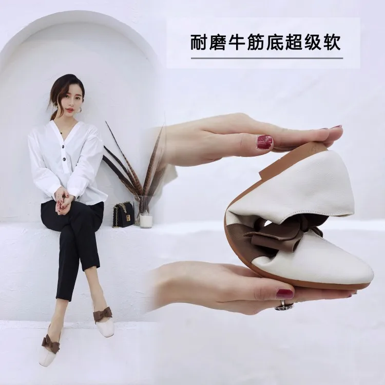 

2020 New Style Korean-style Large Bow Square Head Low-Cut Moccosins Soft-Sole Grandma Shoes Side Scoop Bootie Women's Large Size