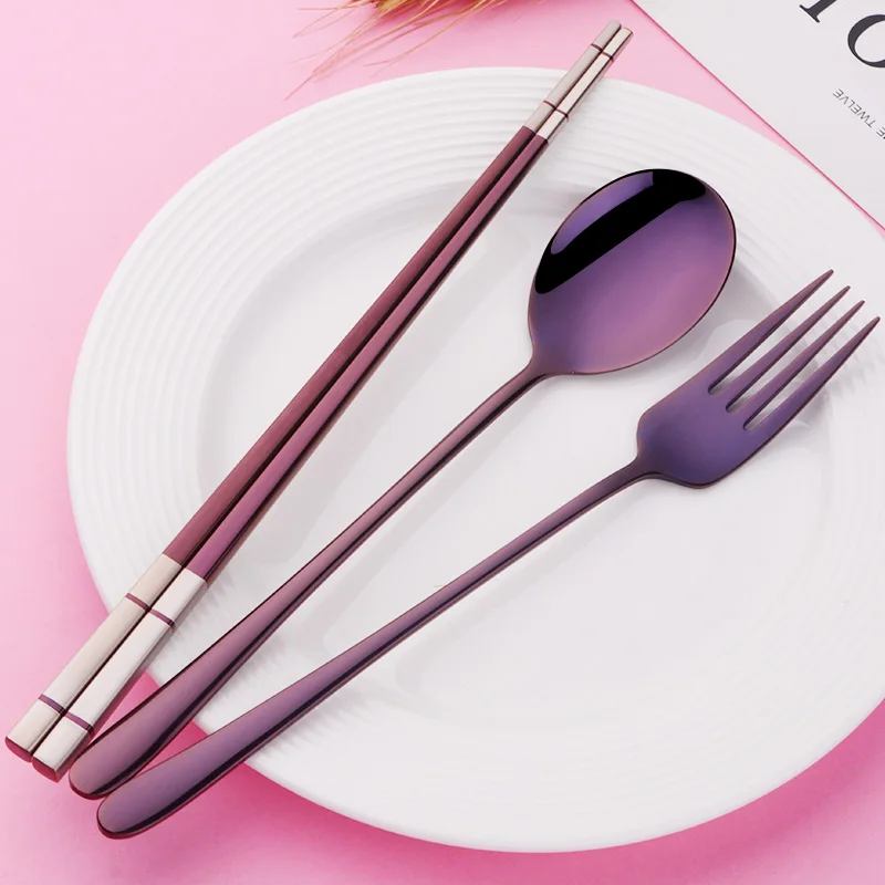 3 pieces 3 шт. посуда из нержавеющей стали корейские палочки для еды из нержавеющей стали ложка лазерные палочки для еды 23 см розовый стальной набор - Цвет: 3 pieces